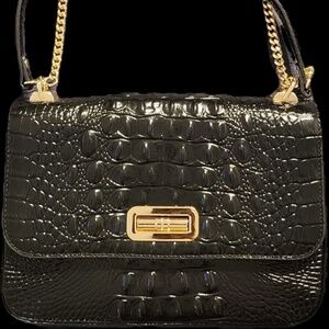 Brahmin Black Croc-Embossed Leather Rosalie Chain Strap Crossbody Handbag
